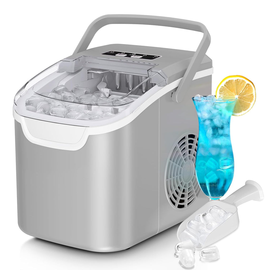 Máquina para hacer hielo de encimera, 8 cubos de hielo en 6 minutos, 26 libras/día de hielo tipo bala con 2 tamaños - Mini portátil, ahorro de energía y cesta/cuchara para hogar/fiesta/viajes