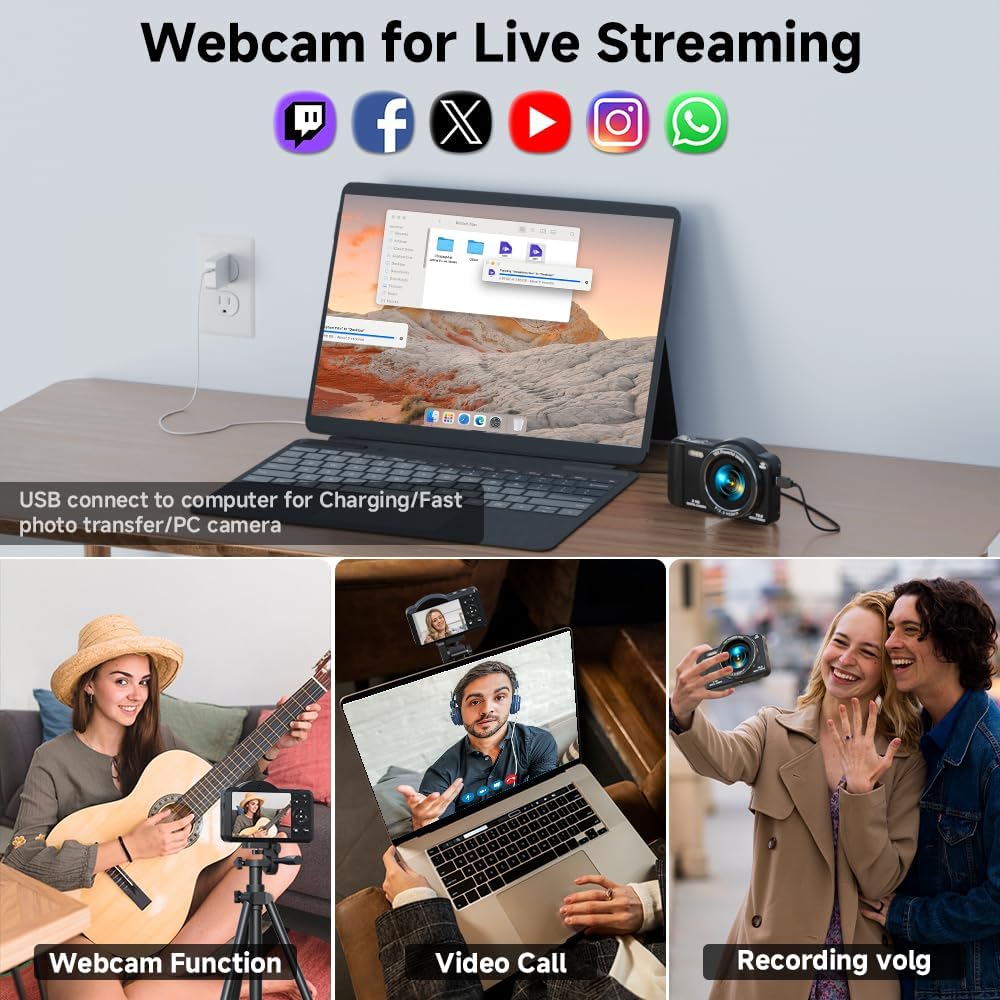 Cámara digital, cámara compacta 4K WiFi 75MP con pantalla táctil zo...