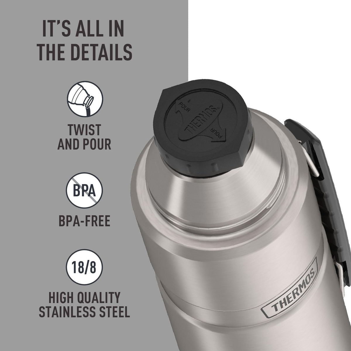 THERMOS Botella de bebidas con aislamiento de vacío King SK2010 de acero inoxidable, 40 onzas, acero inoxidable