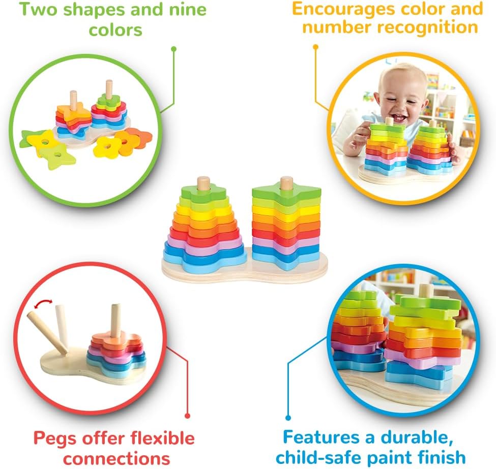 Hape - Juego de anillos de madera con doble apilador de arco iris para niños, L: 7.9, ancho: 4.1, altura: 4.3 pulgadas