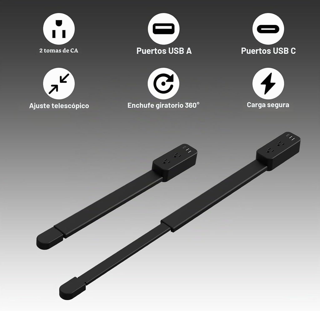 Extensor de toma de corriente eléctrica: cuenta con USB-A, USB-C y 2 salidas de CA, se extiende de 22 a 34 pulgadas, gira tomas de acceso de 180° de difícil acceso, enchufe de pared, mesitas de noche