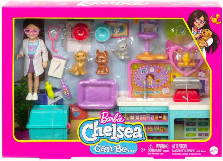 Barbie Muñeca y accesorios Chelsea, juego de veterinario para masco...