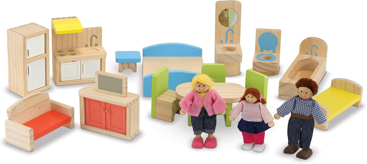 Melissa & Doug Casa de muñecas de madera Hi-Rise con muñecas y muebles de