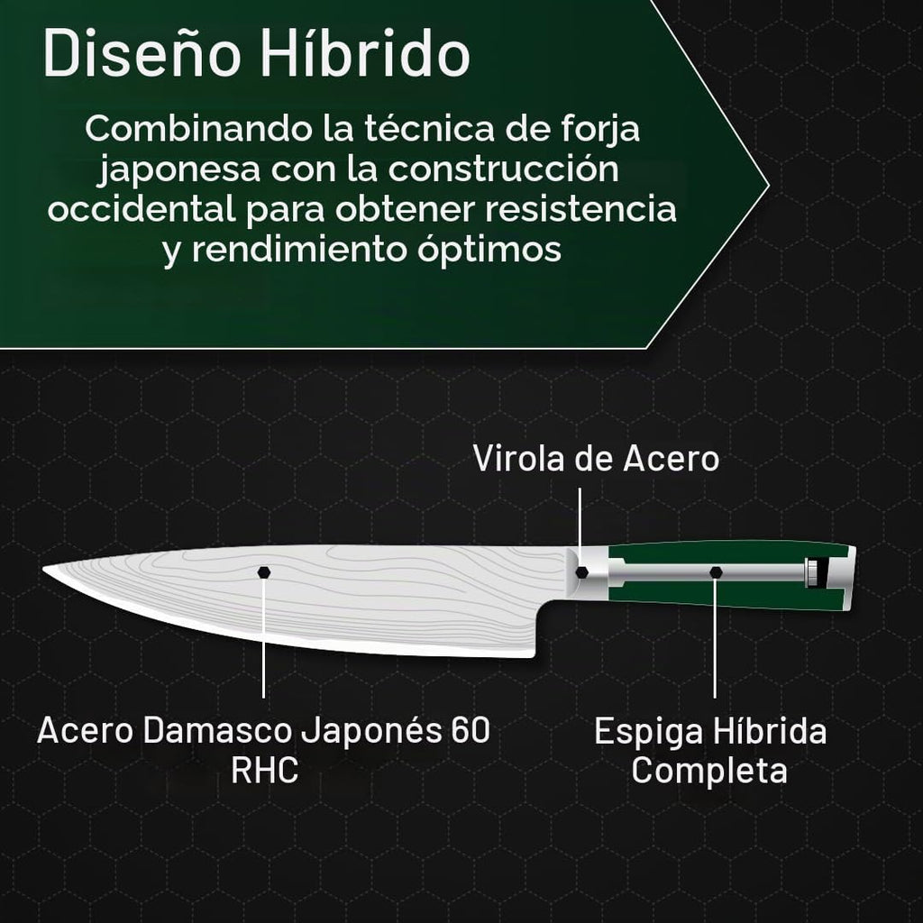 HexClad Juego de 7 cuchillos de acero de Damasco japonés verde con bloque