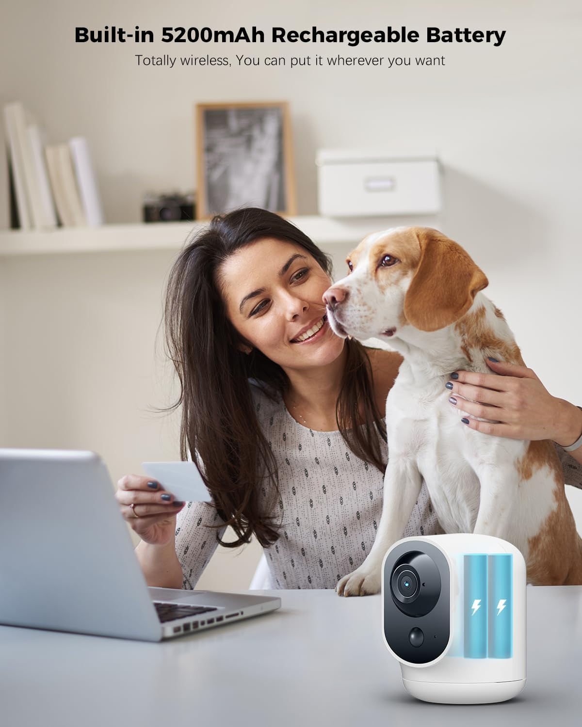 COCOCAM Cámara de Seguridad 2K para Interiores Pan/Tilt con Batería de 5200mAh, Cámara WiFi, Inalámbrica para Monitor de Bebé/Mascota/Seguridad en el Hogar, Reconocimiento IA, Detección Humana PIR
