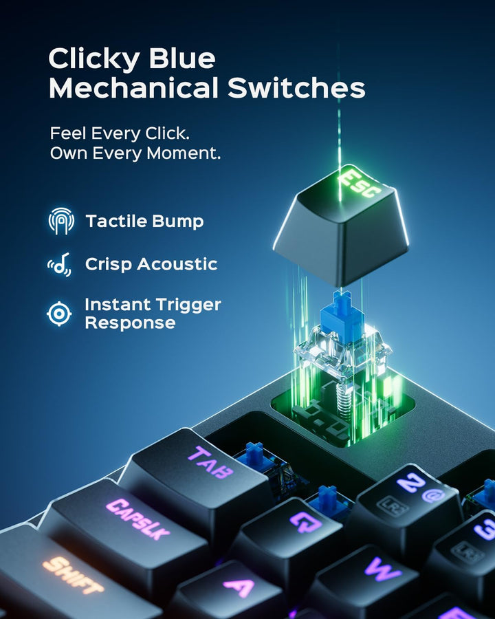 wegear Teclado mecánico para juegos con interruptor azul, teclado r...