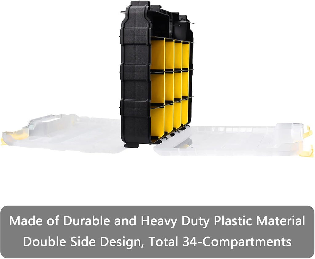 Caja organizadora de herramientas, caja de almacenamiento de piezas pequeñas, 34 compartimentos, organizadores de hardware de doble cara con divisores de plástico extraíbles para tornillos, tuercas