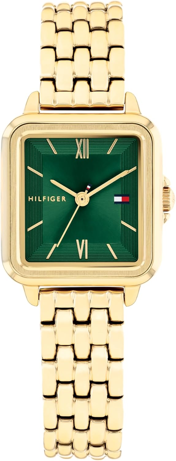Tommy Hilfiger - Reloj de cuarzo para mujer, mini 24mm, caja de acero inoxidable en forma de tanque, números romanos, brazalete de eslabones, estilo casual de vestir - Regalo para ella