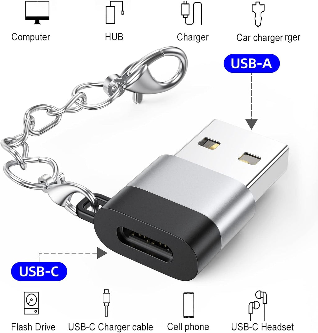 Adaptador USB A a USB C, paquete de 10 con llavero, carga de 18 W, transferencia de 480 Mbps