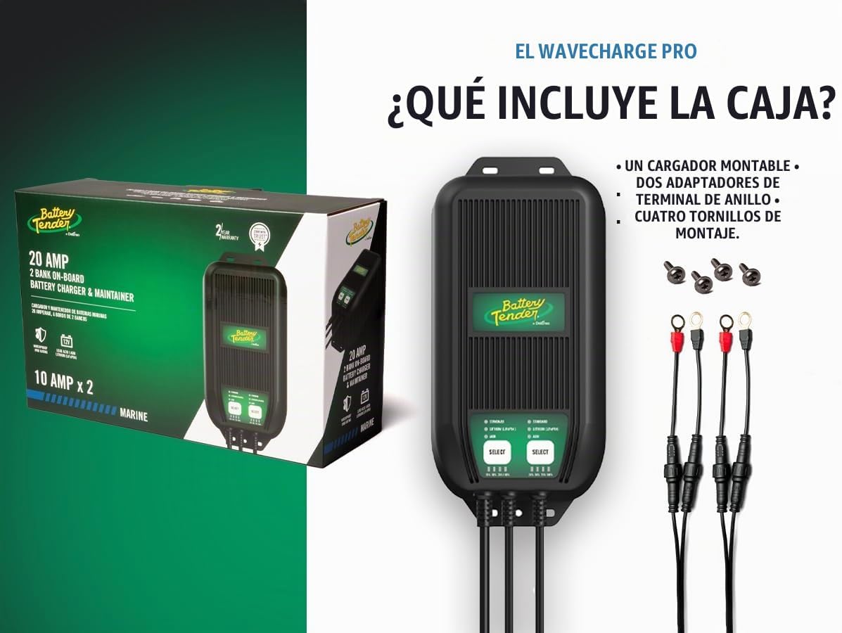 Battery Tender WaveCharge Pro - Cargador multibanco de 2 bancos, 20 amperios (10 amperios por banco) -12 V, cargador y mantenedor inteligente multibatería resistente a la intemperie - 022-1007-DL-WH