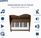 ZIPPY Teclado de piano para niños, piano digital de 25 teclas para niños, panel de control sensible al tacto, volumen ajustable, mini juguete de instrumento educativo musical, juguete de madera para niños pequeños y niñas (nogal)