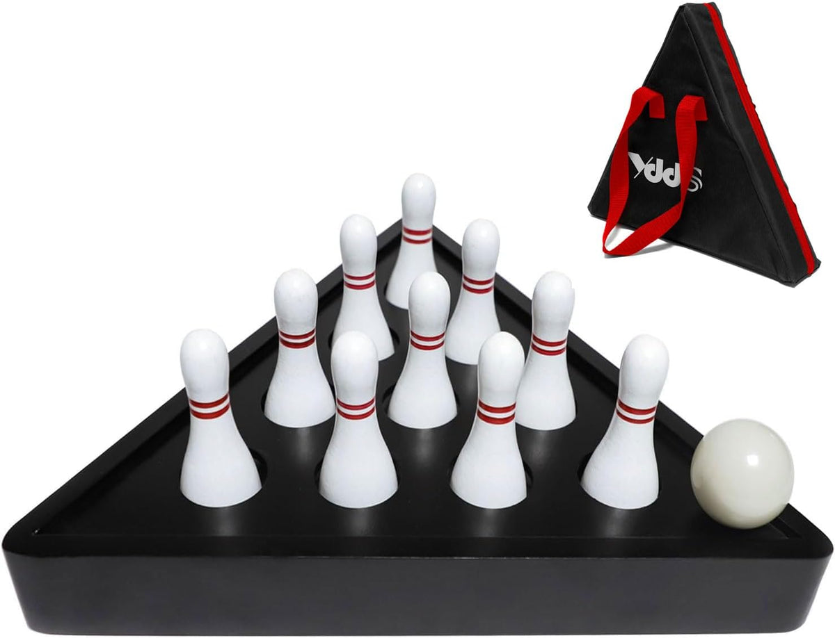 Juego de alfileres de bolos de tejo con 10 pines de bolos de madera dura de alta calidad, bola de boliche triangular Durabel de resina y bolsa de transporte, diversión para juegos de tejo