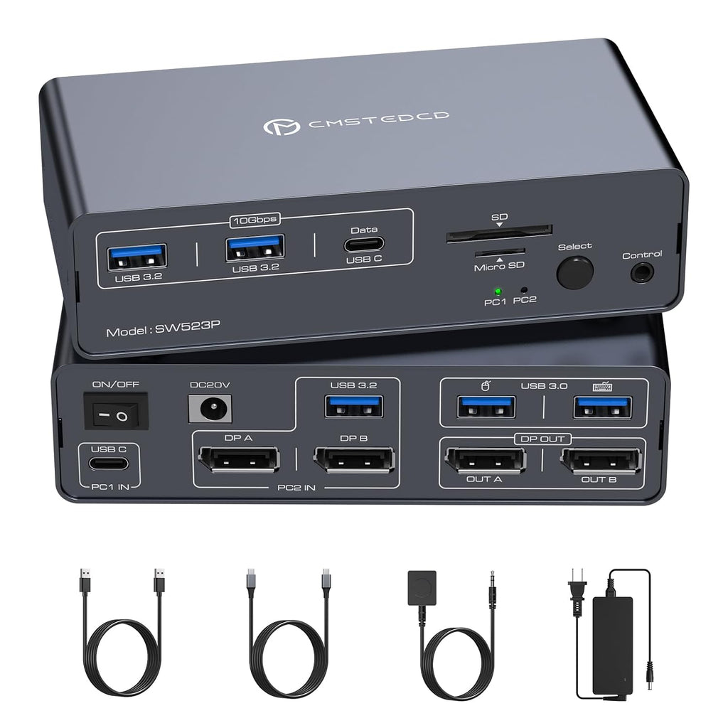 Estación de acoplamiento KVM USB-C Conmutador KVM 2 Monitores 2 Computadoras DisplayPort 4K a 120Hz para 1 Escritorio 1 Laptop Compartir Monitor Dual con USB 3.2 Gen2 10Gbps, 100W PD, SD/MicroSD