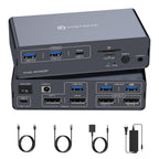 Estación de acoplamiento KVM USB-C Conmutador KVM 2 Monitores 2 Computadoras DisplayPort 4K a 120Hz para 1 Escritorio 1 Laptop Compartir Monitor Dual con USB 3.2 Gen2 10Gbps, 100W PD, SD/MicroSD
