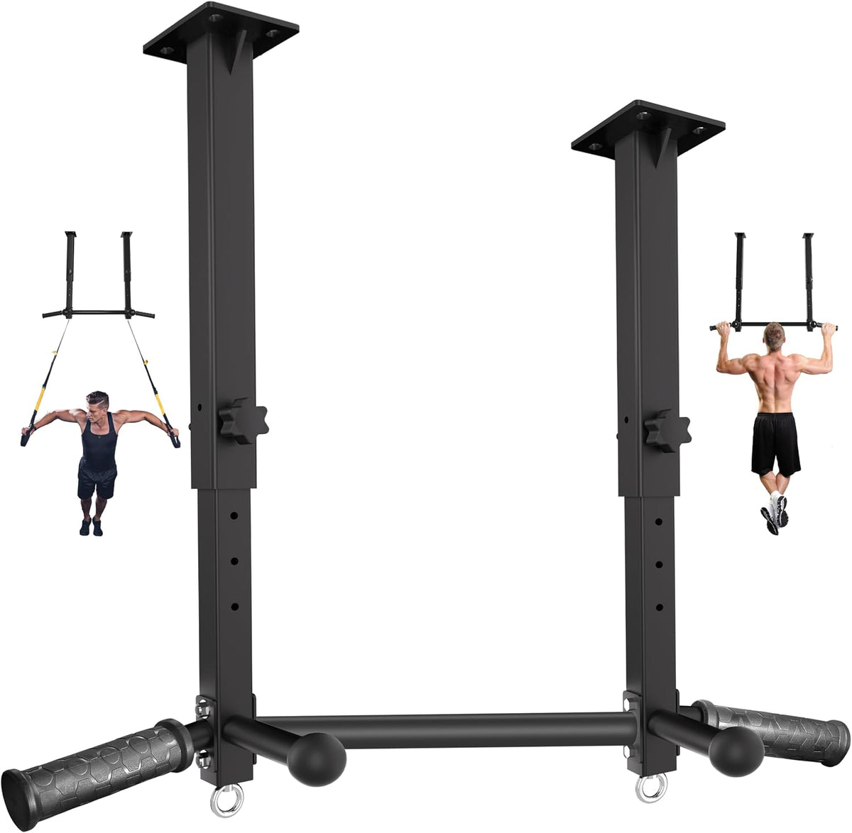 Barra de dominadas de montaje en techo, barra de barbilla de altura ajustable resistente de 800 libras con agarres de bola y anclajes TRX, estación de entrenamiento de agarre múltiple para garaje, sótano y gimnasio en casa