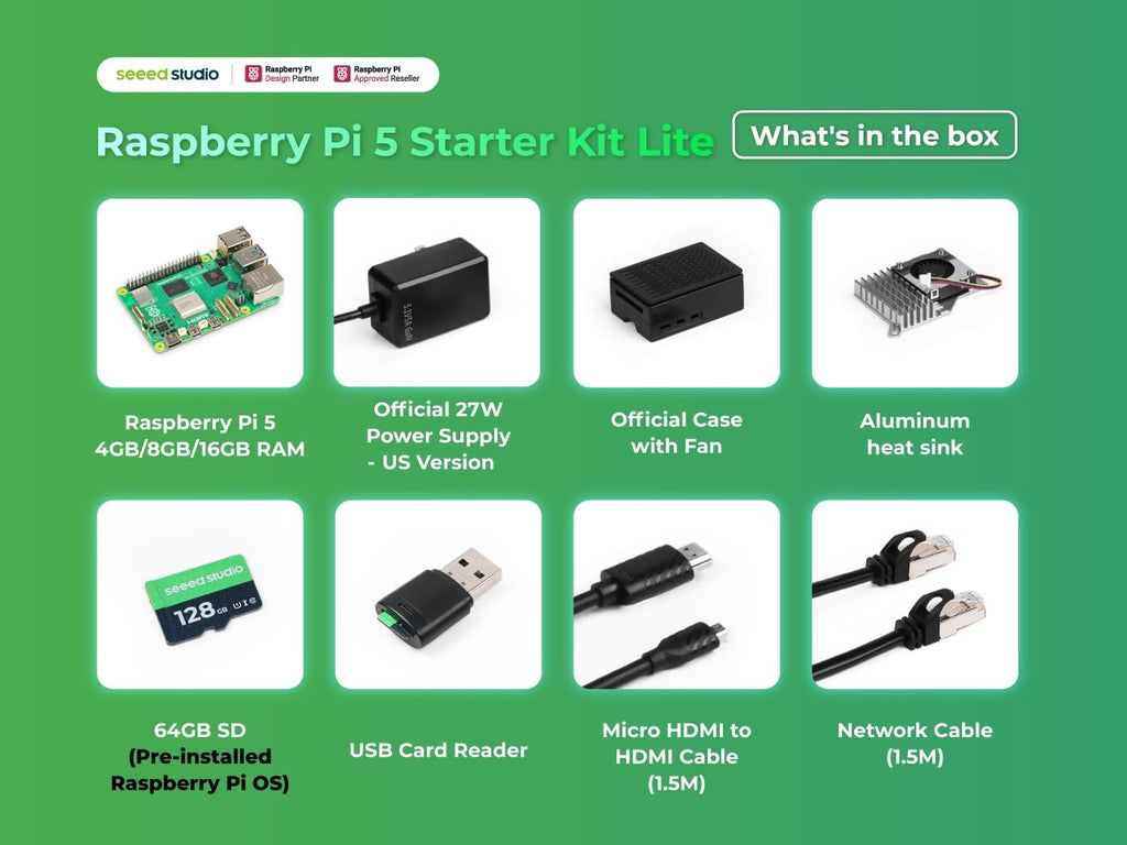 Seeed Studio Raspberry Pi 5 Starter Kit - 8 GB de RAM, tarjeta micro SD de 64 GB precargada de 64 bits, fuente de alimentación tipo C, estuche de enfriamiento activo para asistente doméstico, servidor