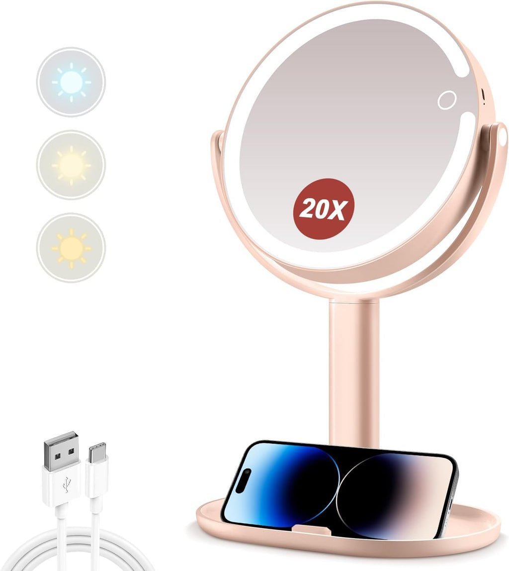 MIYADIVA Espejo de maquillaje con luces, espejo de aumento 20X con luz e interruptor táctil, espejo de tocador con 3 luces de color y 80 LED, espejos ampliados iluminados de 2 lados de 8.8 pulgadas, rosa