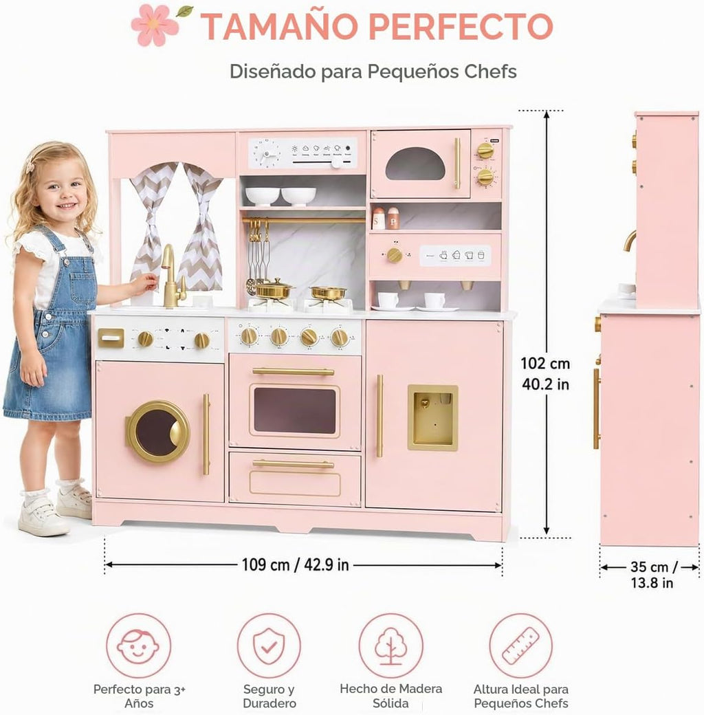Cocina de juego de madera rosa con luz y sonido, fregadero de juguetes y dispensador de agua con agua real, juego de cocina grande para niñas con lavadora, regalos premium para niños de más de 3 años