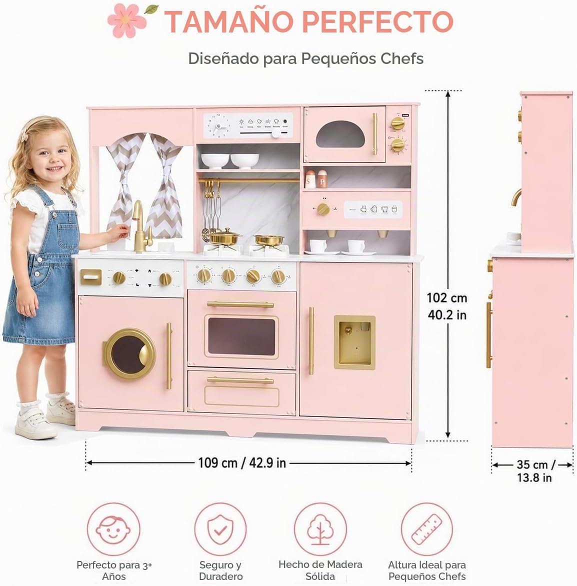 Cocina de juego de madera rosa con luz y sonido, fregadero de juguetes y dispensador de agua con agua real, juego de cocina grande para niñas con lavadora, regalos premium para niños de más de 3 años