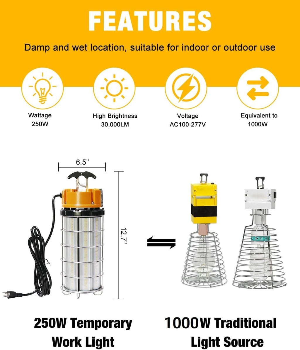 Lámpara Luz de Trabajo Temporal LED 250W, Luces de Construcción 5000K 30,000lm Iluminación para Sitio de Trabajo al Aire Libre de 3.05m de Cable IP65 Resistente al Polvo Iluminación Colgante