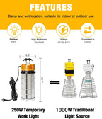 Lámpara Luz de Trabajo Temporal LED 250W, Luces de Construcción 5000K 30,000lm Iluminación para Sitio de Trabajo al Aire Libre de 3.05m de Cable IP65 Resistente al Polvo Iluminación Colgante