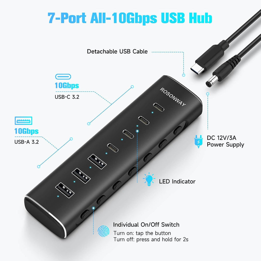 Rosonway, RSH-H7C4, hub USB 3.2 de 7 puertos, alimentado, adaptador 12V/3A