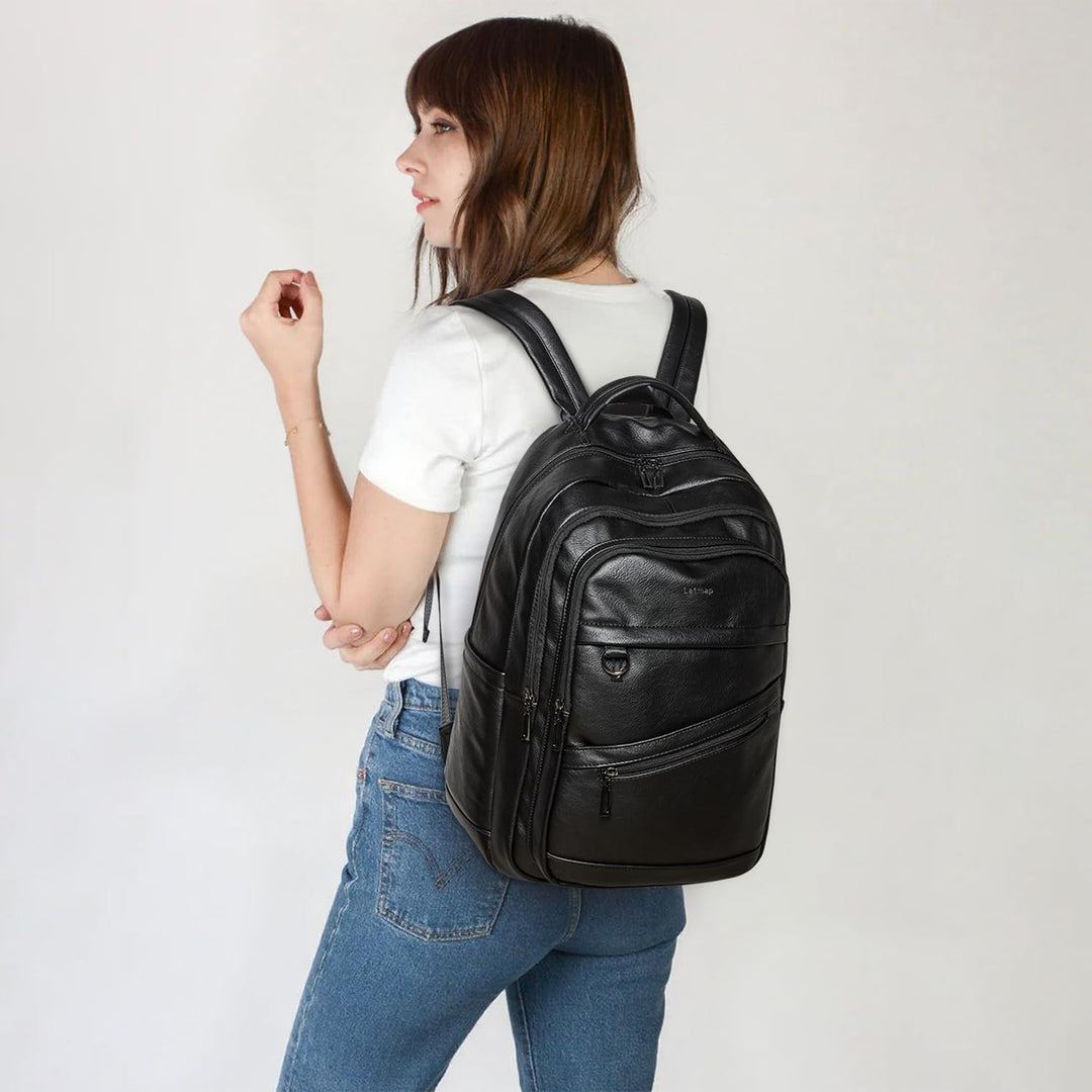 LATMAP Mochila de 43L para mujer: mochila de cuero vegano para lapt...