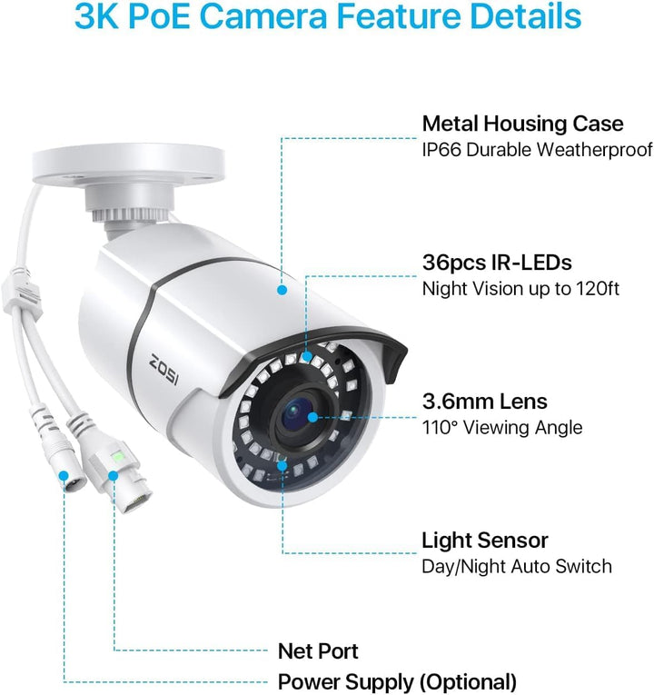 ZOSI 2PK - Cámara de seguridad PoE complementaria de 5 MP con cable...