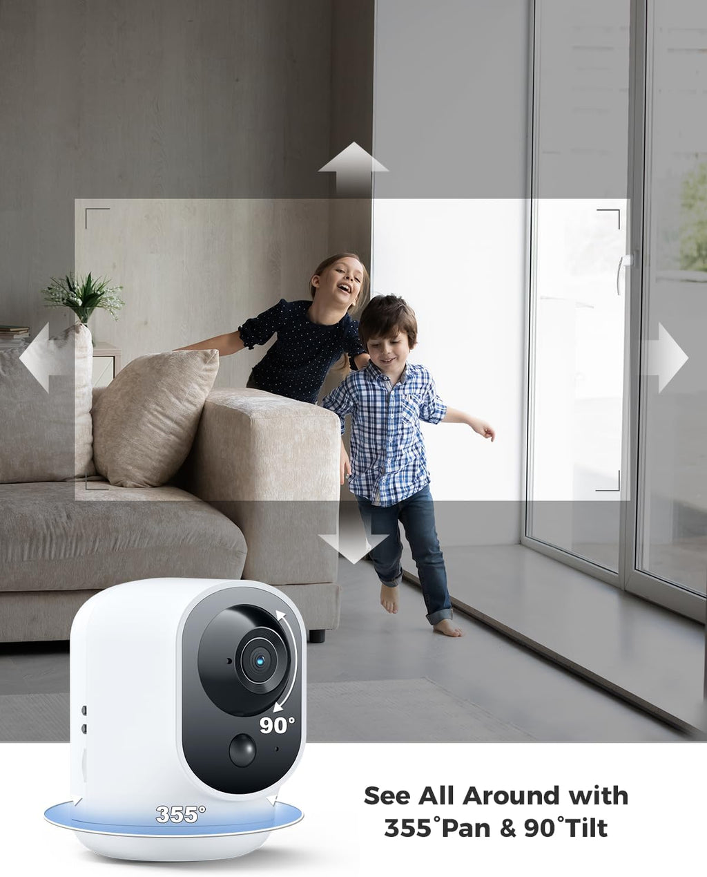 COCOCAM Cámara de Seguridad 2K para Interiores Pan/Tilt con Batería de 5200mAh, Cámara WiFi, Inalámbrica para Monitor de Bebé/Mascota/Seguridad en el Hogar, Reconocimiento IA, Detección Humana PIR