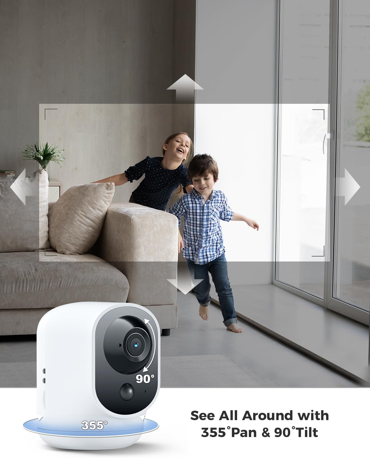 COCOCAM Cámara de Seguridad 2K para Interiores Pan/Tilt con Batería de 5200mAh, Cámara WiFi, Inalámbrica para Monitor de Bebé/Mascota/Seguridad en el Hogar, Reconocimiento IA, Detección Humana PIR