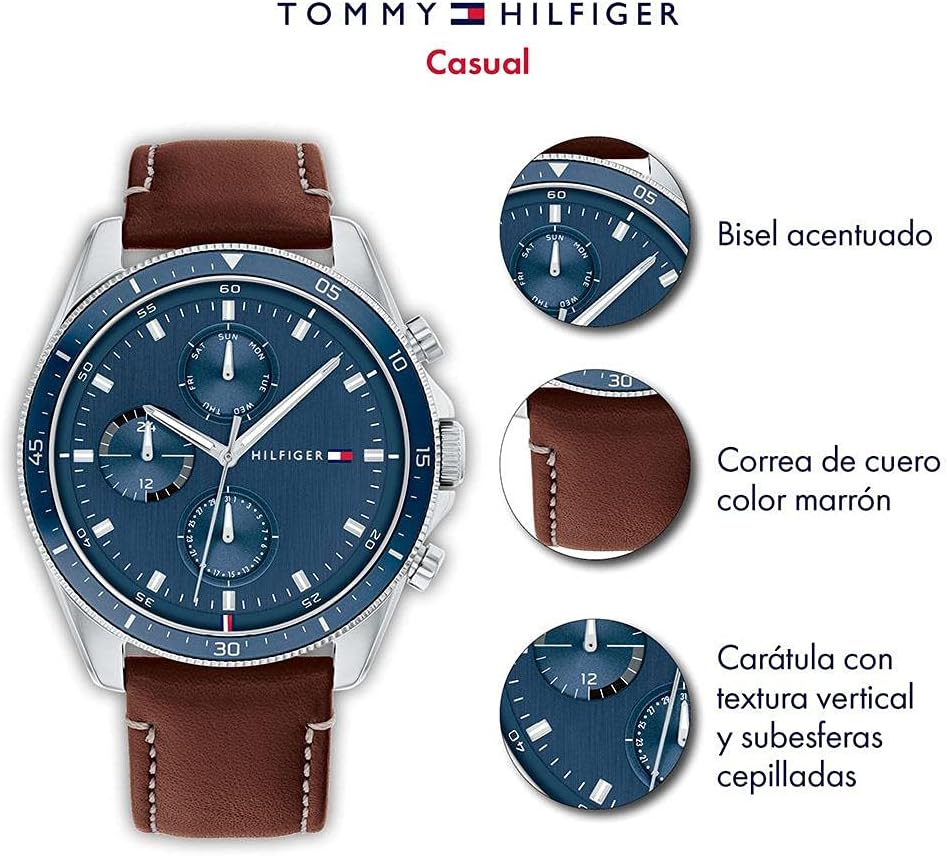 Tommy Hilfiger Reloj casual Qtz Multifunción de Acero Inoxidable y Correa de Cuero para Hombre, Color: Azul (Modelo: 1791839)