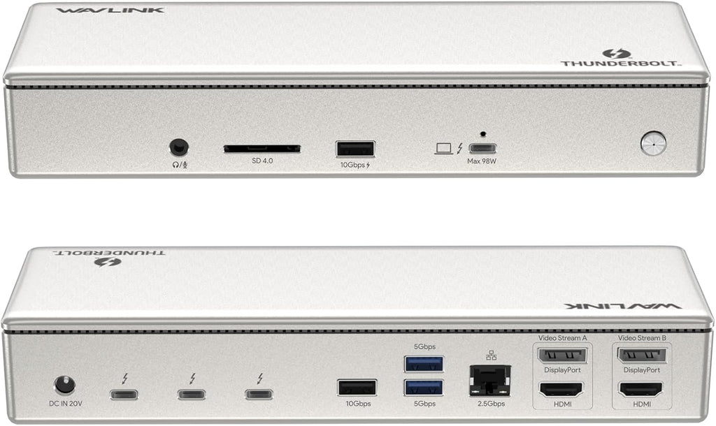 WAVLINK Base Thunderbolt 4 con carga de 100 W, estación de acoplamiento Displaylink Monitor Quad 4K @60Hz, 3 puertos Thunderbolt 4, Ethernet 2.5G, Base Thunderbolt para Mac M1-M4 y PC, controlador