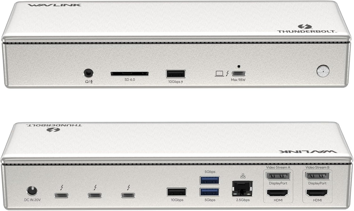 WAVLINK Base Thunderbolt 4 con carga de 100 W, estación de acoplamiento Displaylink Monitor Quad 4K @60Hz, 3 puertos Thunderbolt 4, Ethernet 2.5G, Base Thunderbolt para Mac M1-M4 y PC, controlador
