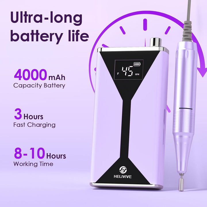 HELIVIVE Taladro de uñas eléctrico profesional de 45000 RPM (portát...