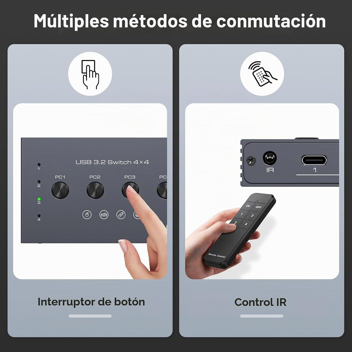 Selector de interruptor USB 3.2 4 computadoras comparten 1 USBC y 3 dispositivos USBA 10Gbps interruptor USB de 4 puertos para compartir teclado, ratón, impresora, escáner con cable, control remoto y
