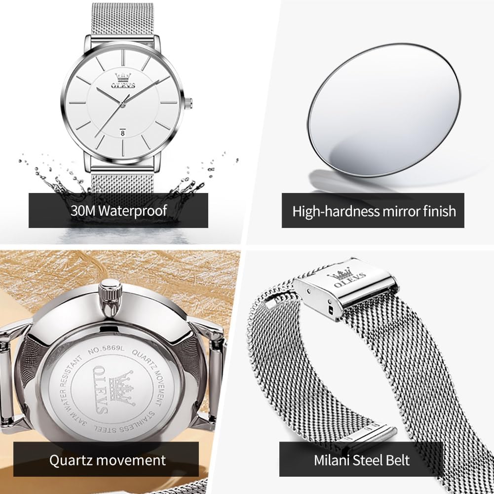 OLEVS Reloj de Hombre Cuero Negro Ultrafino 6.5mm Minimalista de Vestir Moda Simple Casual Resistente al Agua con Fecha