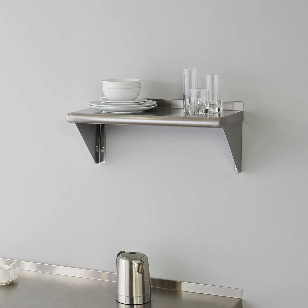 ROCKPOINT Estante de acero inoxidable de 12 x 24 pulgadas, 250 libras, estantes comerciales de metal NSF para montaje en pared, estantería flotante con protector contra salpicaduras para restaurante