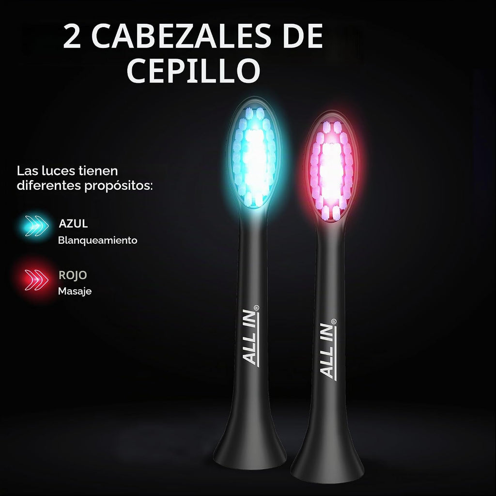 ALL IN - Cepillo de dientes eléctrico sónico LED para adultos, luz LED azul + roja, 4 modos, cerdas suaves, temporizador de 2 minutos, sin BPA