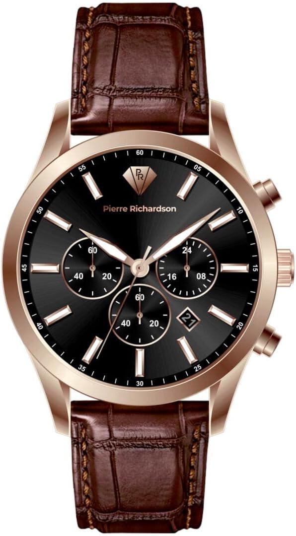 PIERRE RICHARDSON Reloj de lujo para hombre PR2320 - Cuarzo de acero inoxidable plateado, 1.732 in, resistente al agua 5ATM, cristal de zafiro resistente a los arañazos