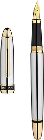 BEILUNER Pluma estilográfica cromada plateada 315, impresionantes plumas de lujo con detalles de oro de 24 quilates, hermosa plumilla dorada de 24 quilates (fina), convertidor de tinta, regalo de