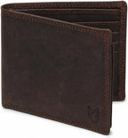 Billetera plegable de cuero de grano superior para hombres | Cartera de bloqueo RFID de doble costura con 2 ventanas para identificación y 10 ranuras para tarjetas, Marrón moca, Bifold