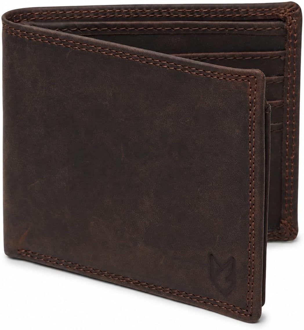 Billetera plegable de cuero de grano superior para hombres | Cartera de bloqueo RFID de doble costura con 2 ventanas para identificación y 10 ranuras para tarjetas, Marrón moca, Bifold