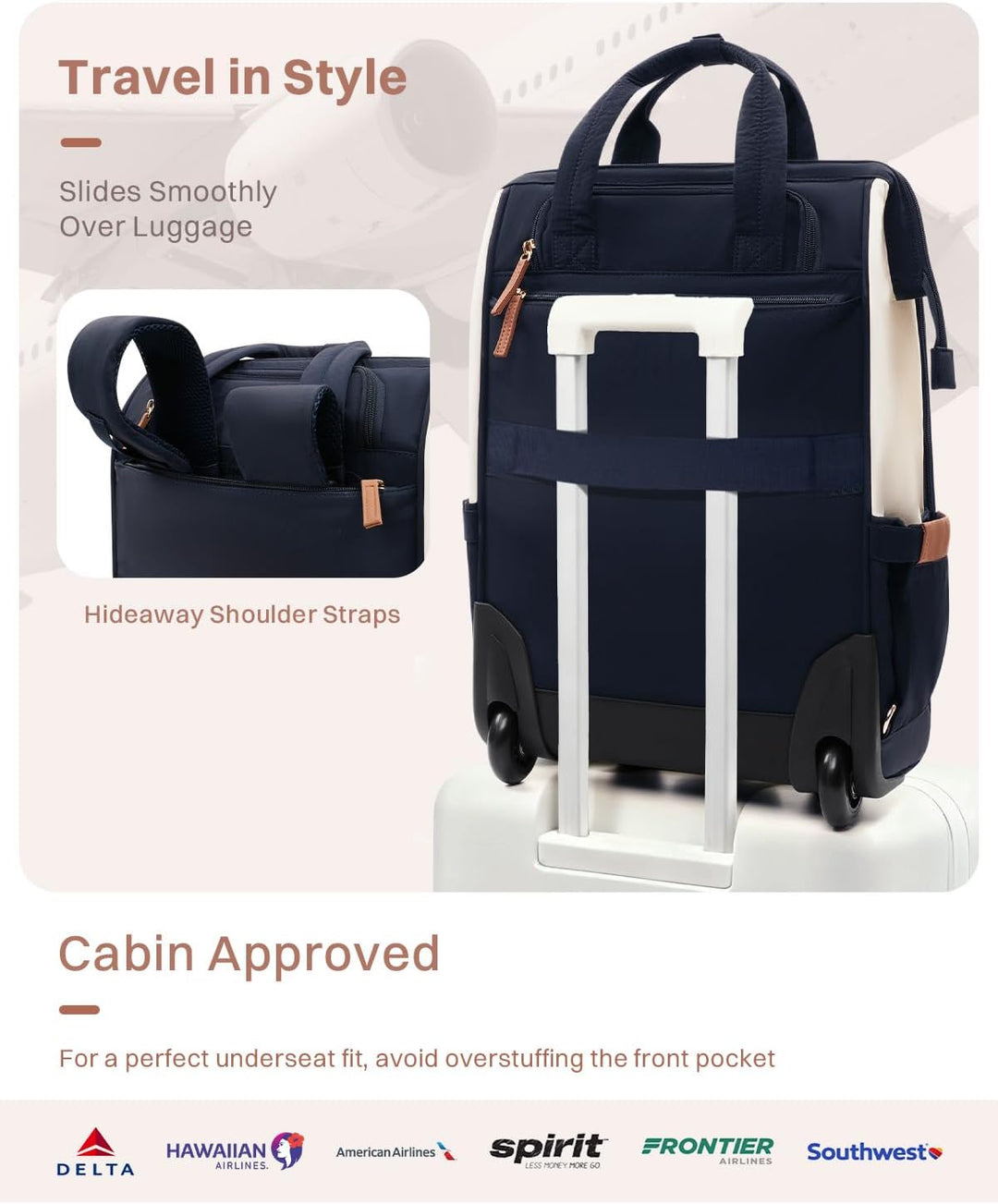 Mochila acolchada con ruedas para mujer, mochila de viaje con rueda...