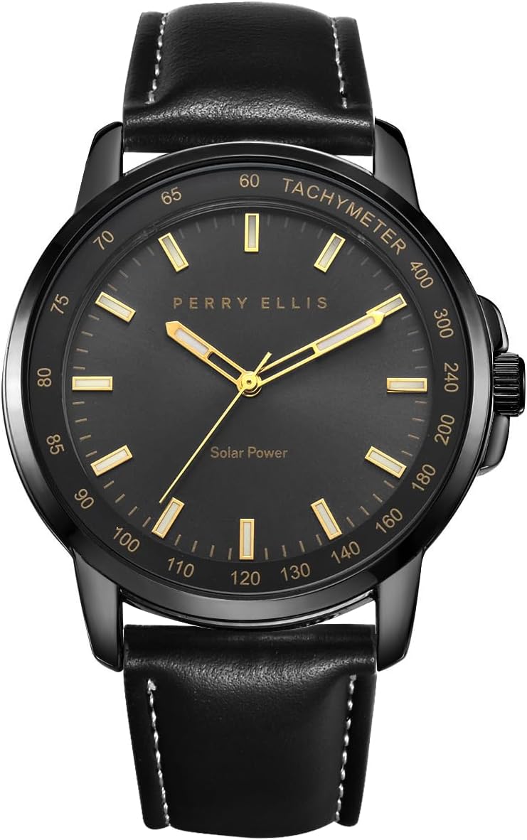 Reloj Perry Ellis para hombre con energía solar | Relojes de pulsera analógicos resistentes al agua de cuero vegano para hombre | Caja de 43mm | Bisel taquimétrico de aluminio | Elegante regalo para