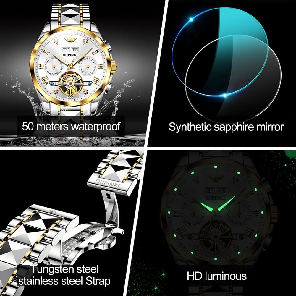 Relojes automáticos de esqueleto para hombre, reloj de pulsera de lujo mecánico de cuerda automática de cristal de zafiro, reloj de acero de tungsteno, 164.0 ft, impermeable, luminoso, sin batería, Dorado, carátula blanca de acero tungsteno, redondo
