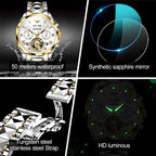 Relojes automáticos de esqueleto para hombre, reloj de pulsera de lujo mecánico de cuerda automática de cristal de zafiro, reloj de acero de tungsteno, 164.0 ft, impermeable, luminoso, sin batería, Dorado, carátula blanca de acero tungsteno, redondo