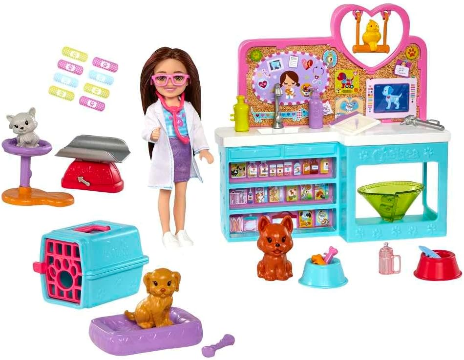 Barbie Muñeca y accesorios Chelsea, juego de veterinario para masco...