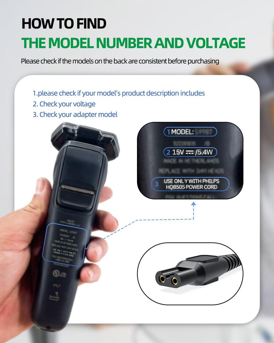 Cable de carga de 15V compatible con Philips Norelco