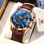 OLEVS Reloj de vestir de cuero para hombre, casual, cuarzo, marrón, pulsera, con fecha