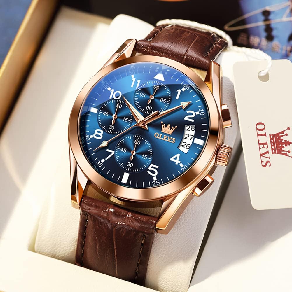 OLEVS Reloj de vestir de cuero para hombre, casual, cuarzo, marrón, pulsera, con fecha